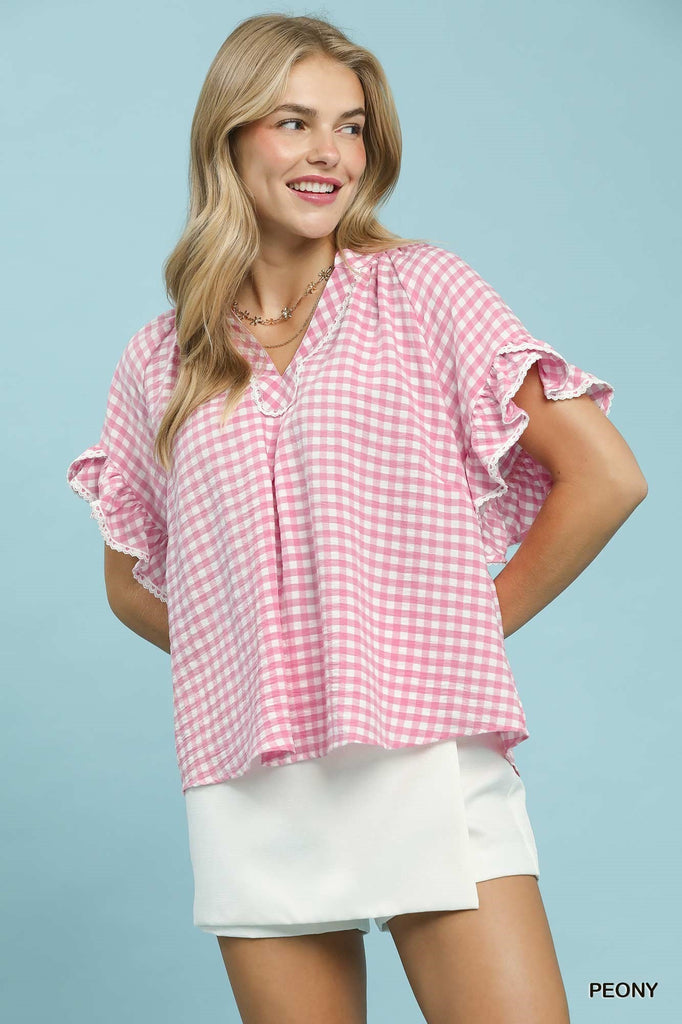 Gingham V-Neck Ruffle Top