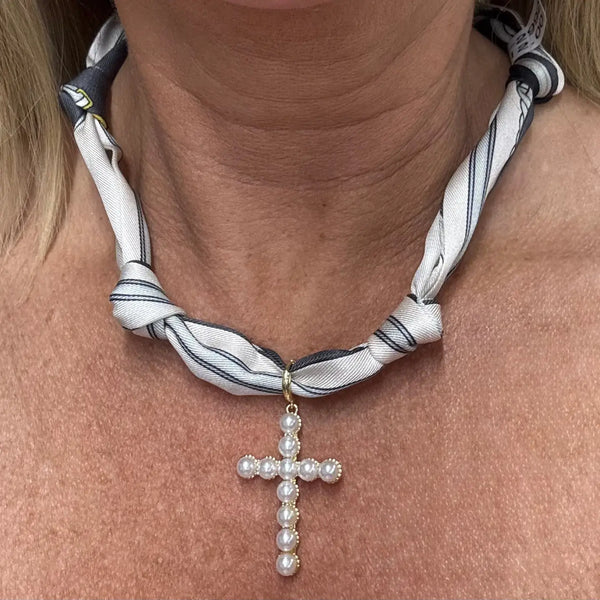 Grey and White Knotted Scarf Necklace with Pearl Cross