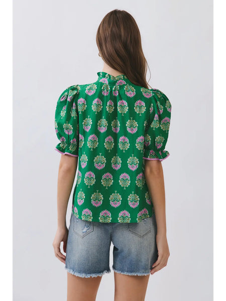 Floral Block Print Puff Sleeve Top
