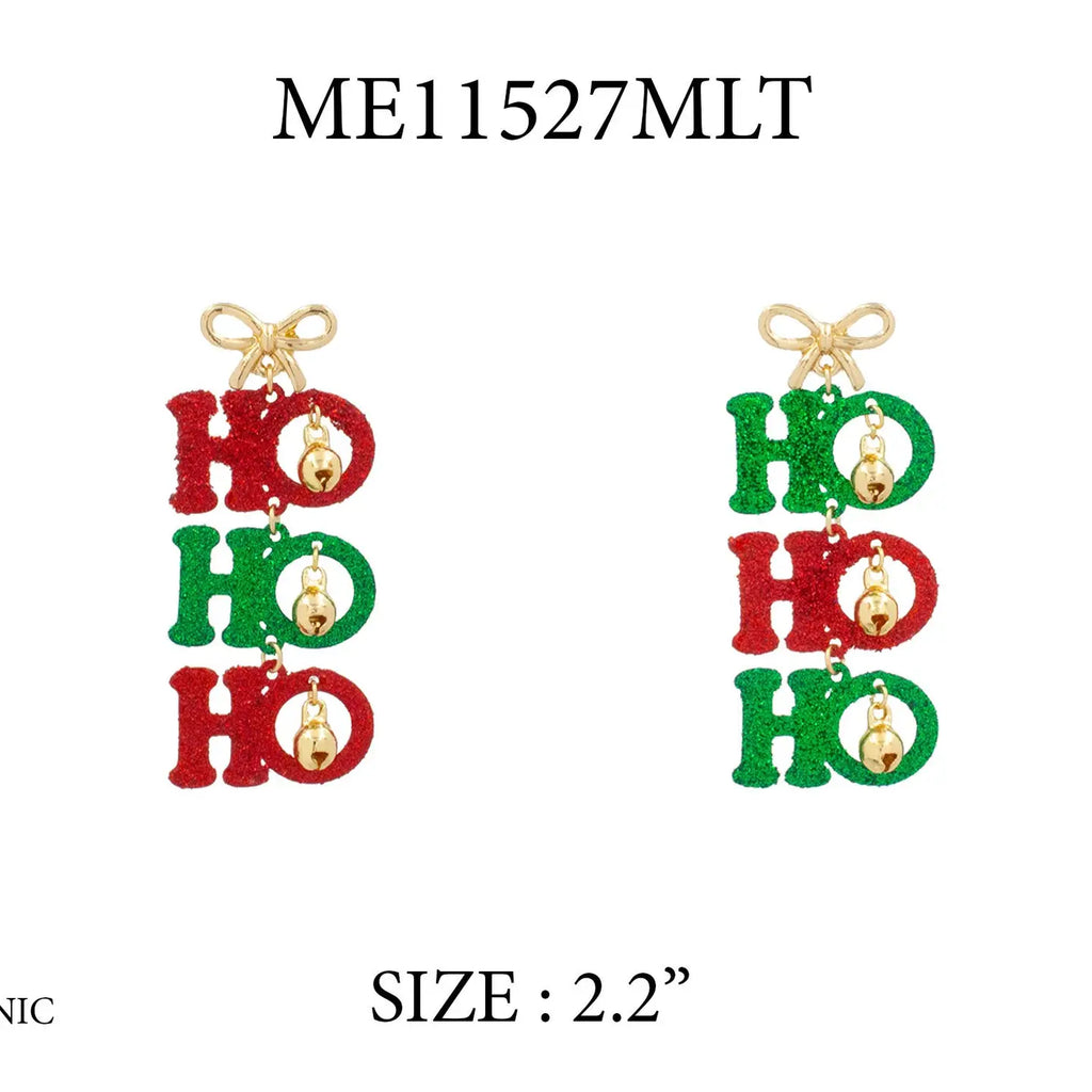 Christmas Ho Ho Ho Green & Red 2.25" Glitter Earrings