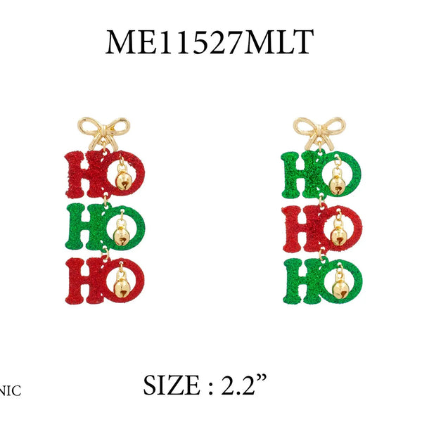 Christmas Ho Ho Ho Green & Red 2.25" Glitter Earrings
