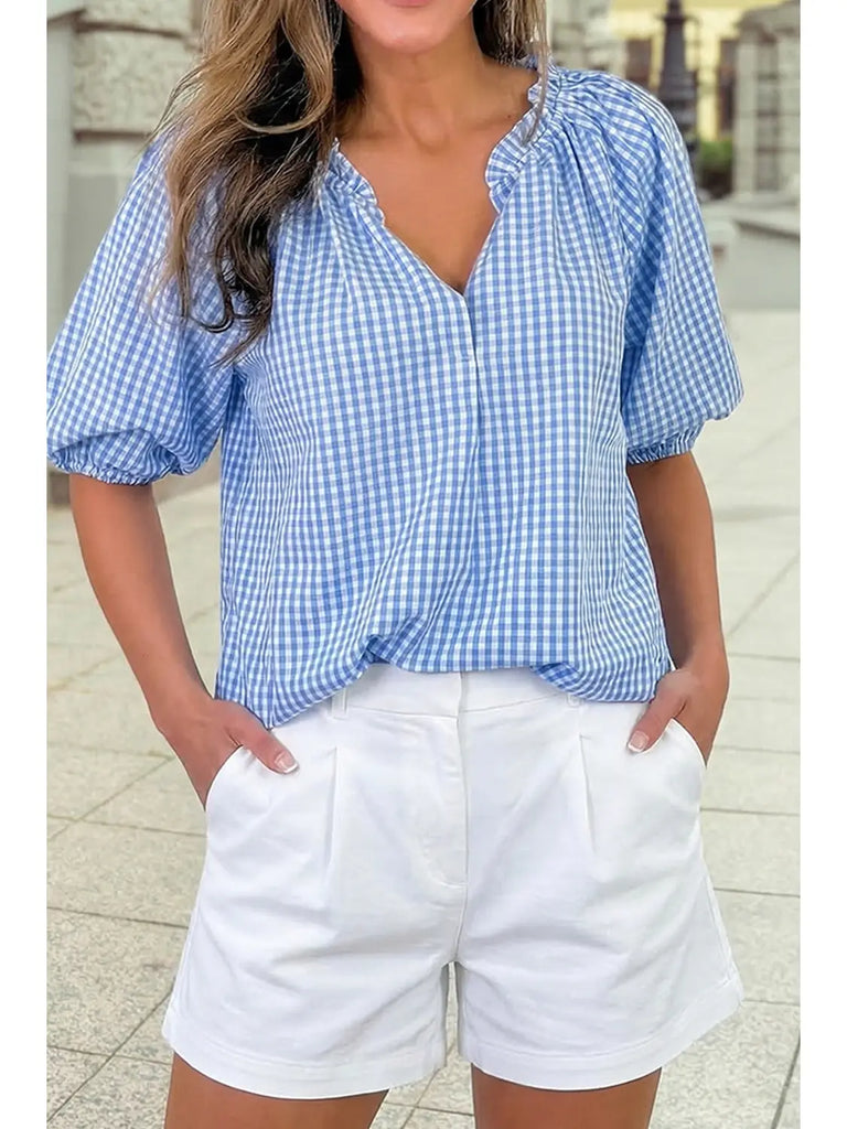 Summer Plaid Cornflower Blouse Top