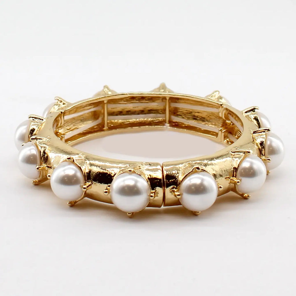 Hammered Gold Bracelet w/ Pearl Beaded Accents Stretch Bracelet