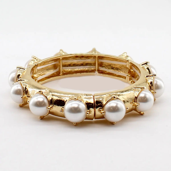 Hammered Gold Bracelet w/ Pearl Beaded Accents Stretch Bracelet