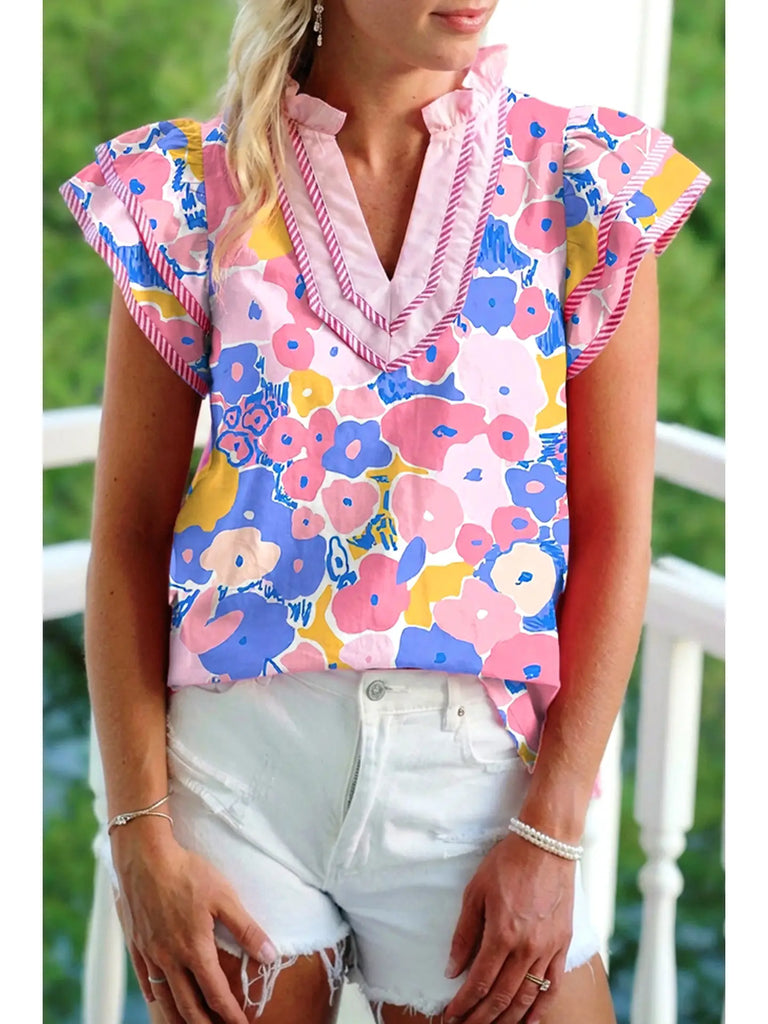Floral Ruffled Short-Sleeve Blouse