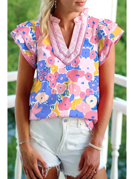 Floral Ruffled Short-Sleeve Blouse