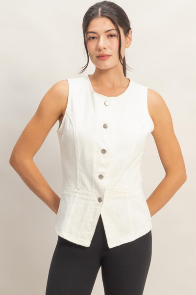Button Front Sleeveless Denim Vest