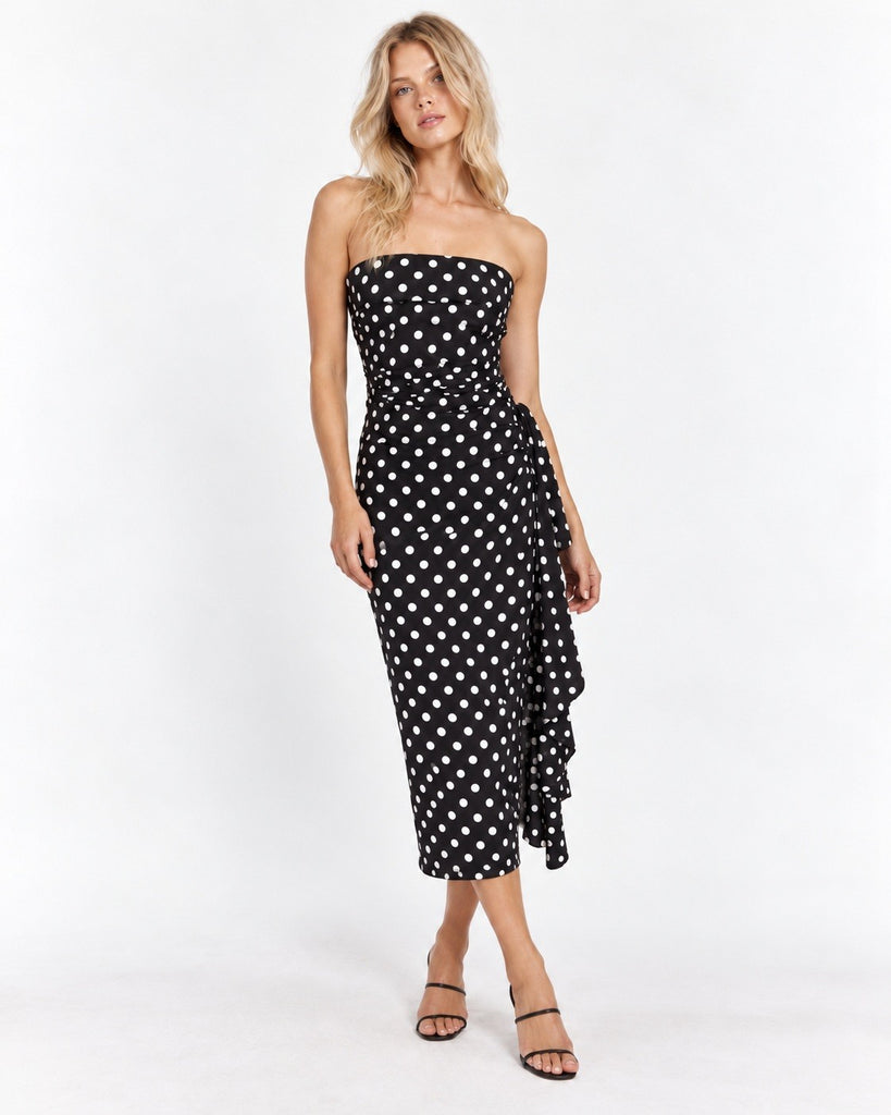 Polka Dot Strapless Pleated Midi Dress