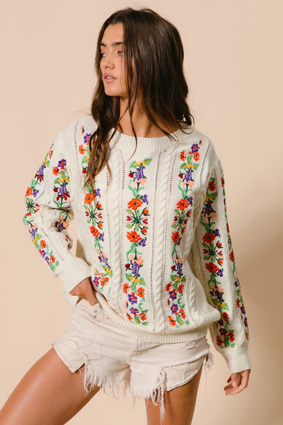 Flower Embroidery Cable Texture Sweater
