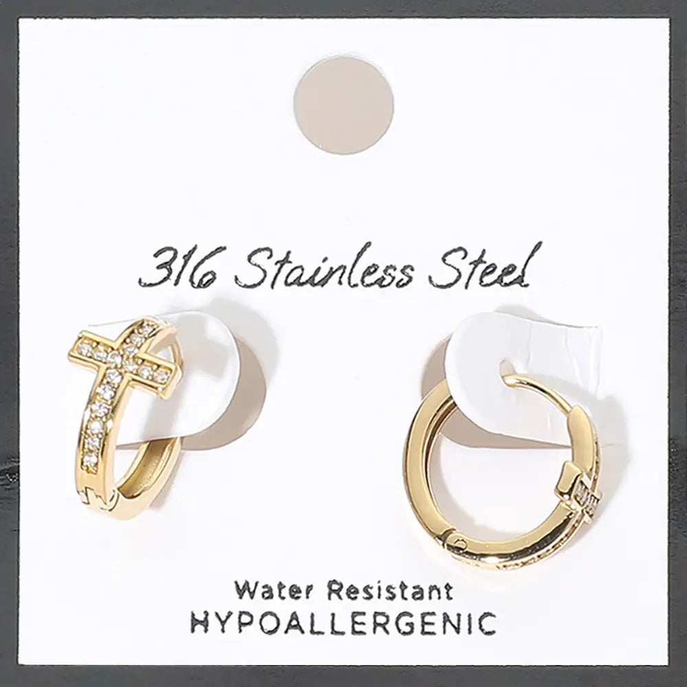 Stainless Steel Stone Pave Cross Mini Huggie Hoop Earrings