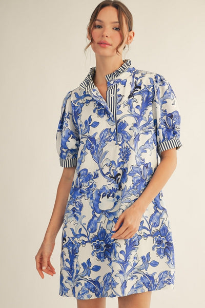 Stripe Contrast Accent Tropical Floral Dress