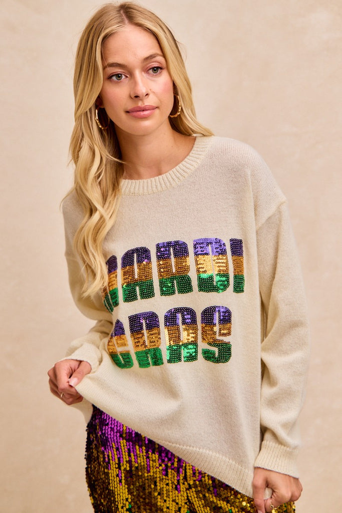 Mardi Gras Sequin Lettering Knit Top