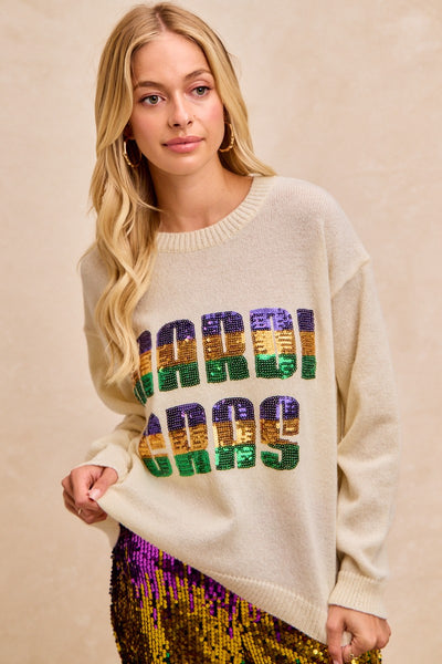 Mardi Gras Sequin Lettering Knit Top
