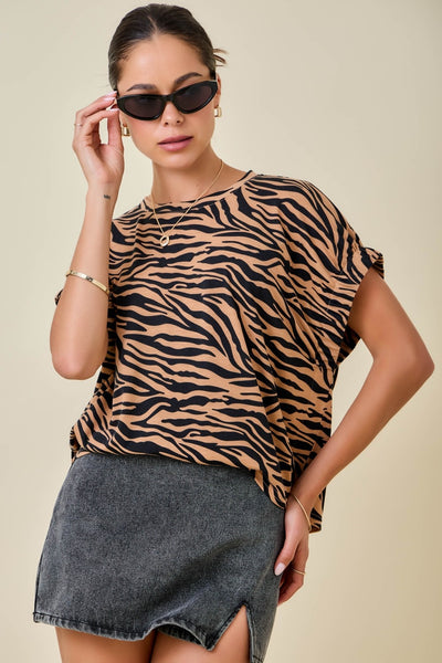 Tiger Print Elastic Sleeve Top