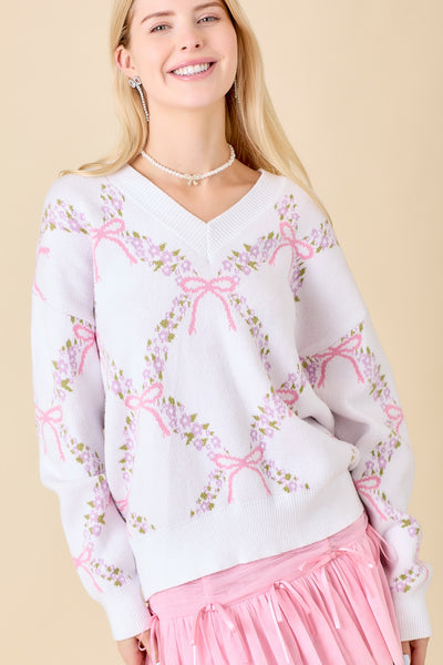 Floral Jacquard V-Neck Sweater
