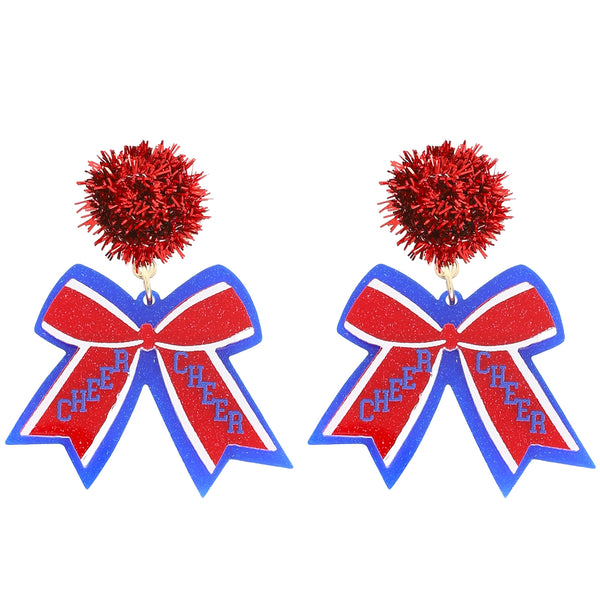 Game Day Cheer Ribbon Pom Pom Post Earrings