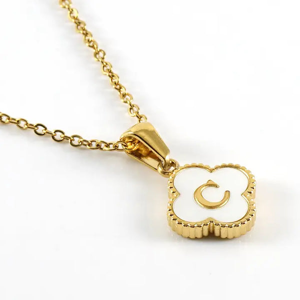 Clover Shell Initial Charm 18K Golden Steel Necklace