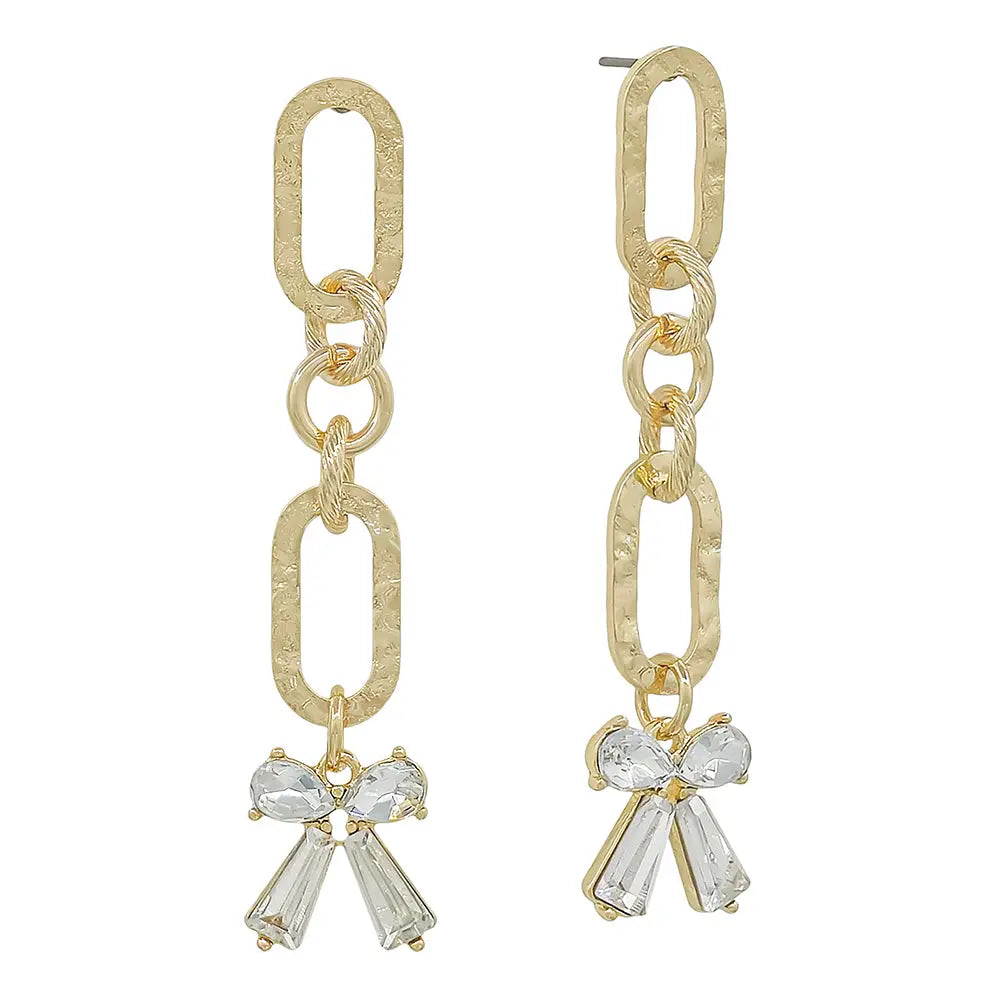 Gold Oval with Rhinestone Bow 2" Drop Earrings