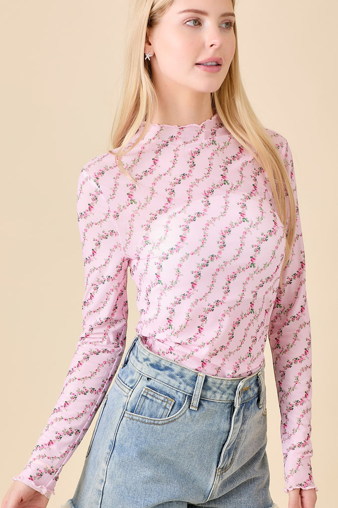 Floral Print Mesh Top With Long Sleeves