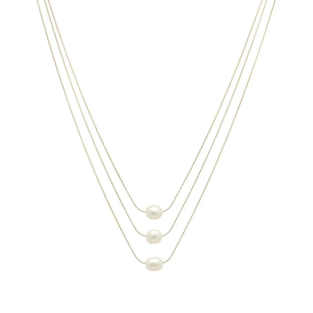 Gold Chain Triple Layered Freshwater Pearl 16"-18" Necklace