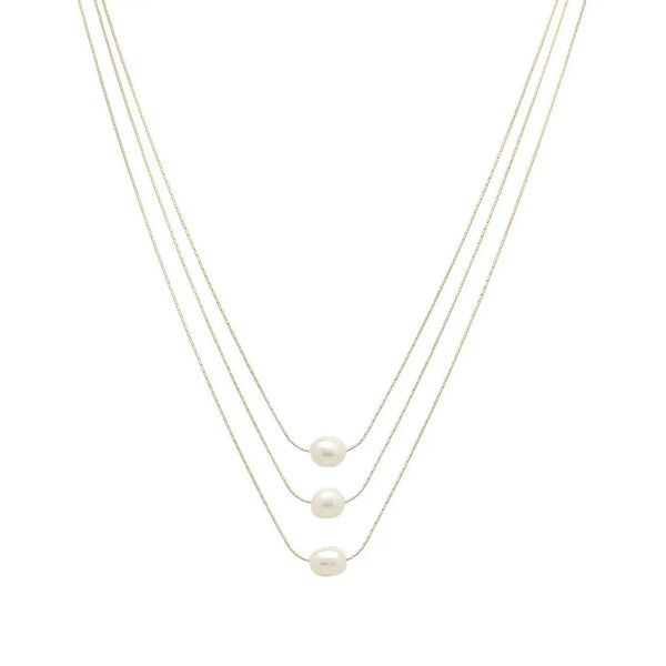 Gold Chain Triple Layered Freshwater Pearl 16"-18" Necklace