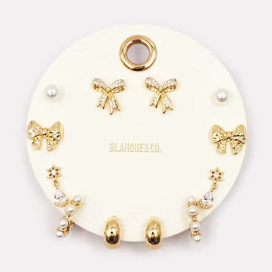 Set of 6 Pearl, Bow, and Hoops Stud Earrings