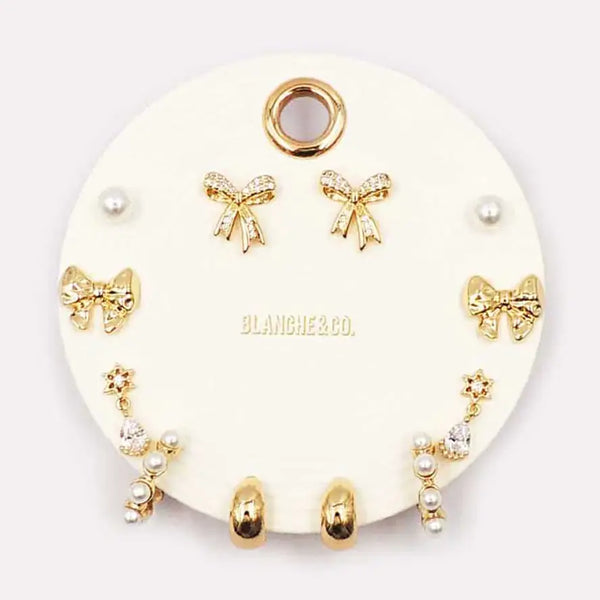 Set of 6 Pearl, Bow, and Hoops Stud Earrings