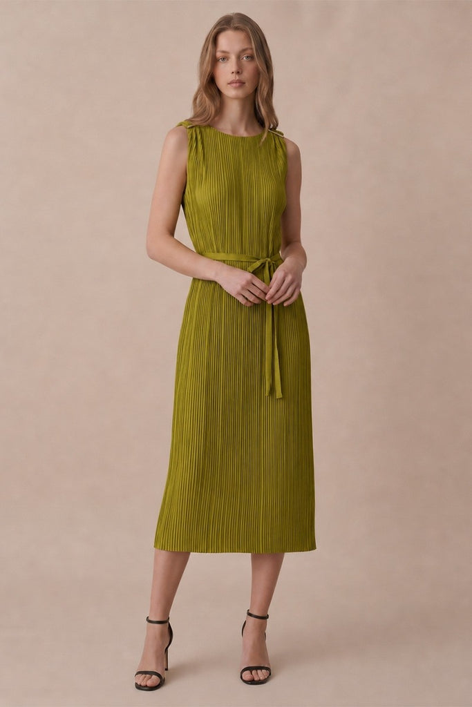 Gold Hardware Trim Plisse Midi Dress