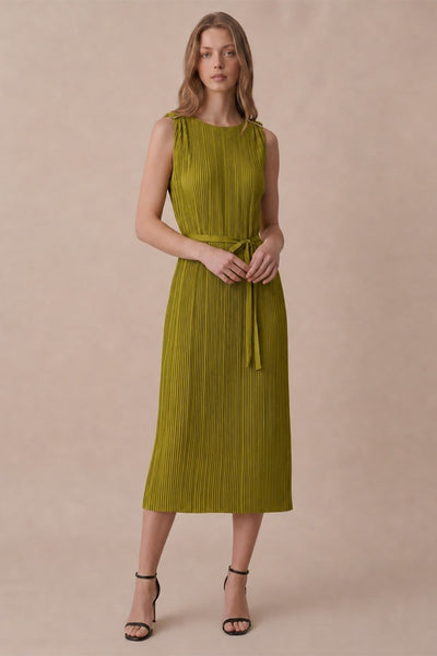 Gold Hardware Trim Plisse Midi Dress