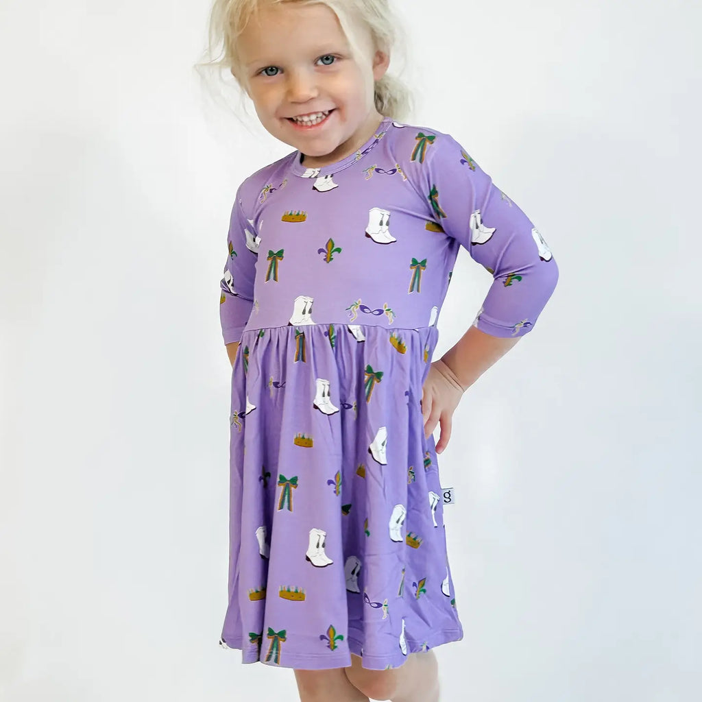 Kids Mardi Gras Boots 3/4 Sleeve Pocket Dress