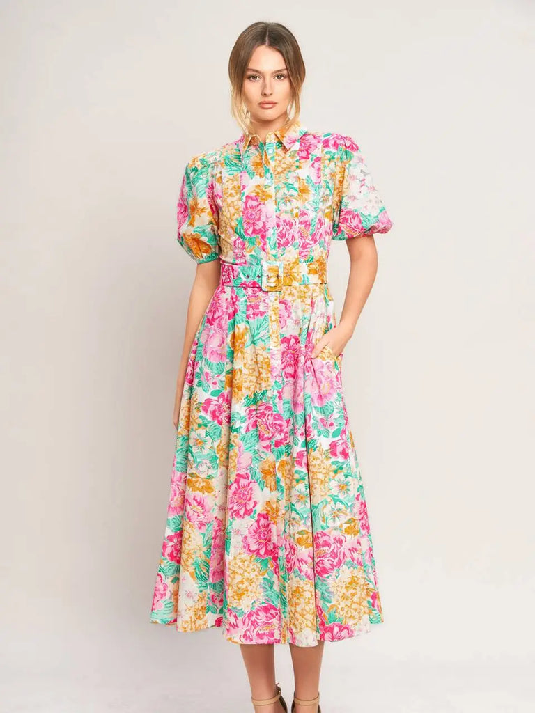 Collared Printed Woven Midi Dress