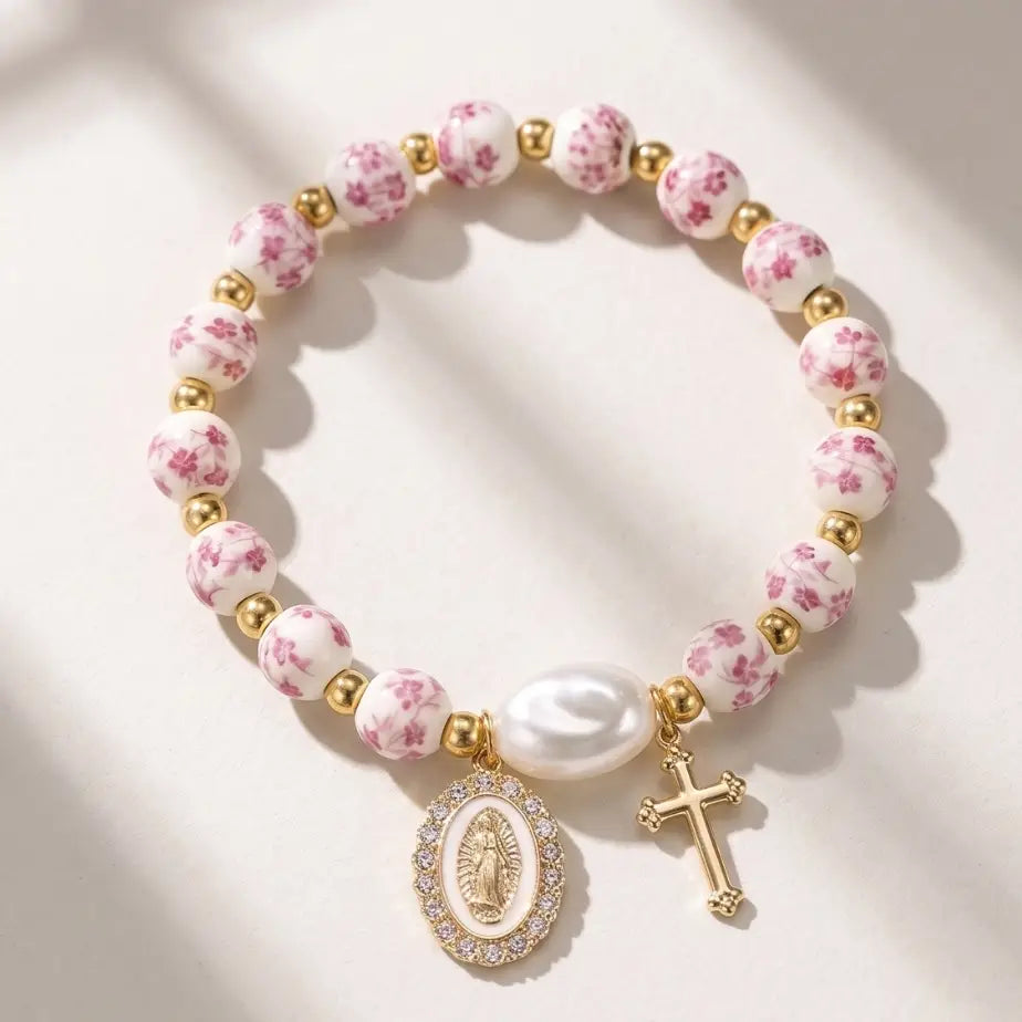 Miraculous Medal Cross Beaded Pink Bracelet