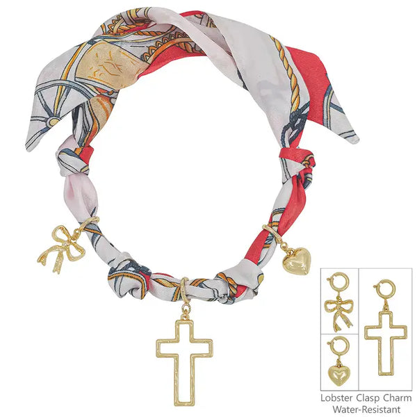 Knotted Scarf Necklace with Puffy Heart,Open Cross, & Bow Charm