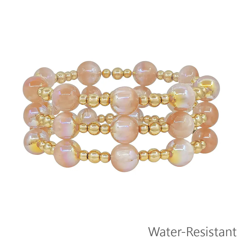 Set of 3 Pink Champagne Gold Beaded Stretch Bracelets