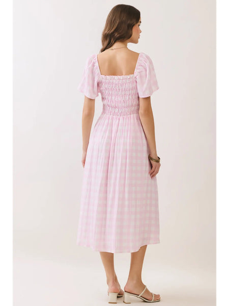 Gingham Smocked Puff Sleeve Midi Dress