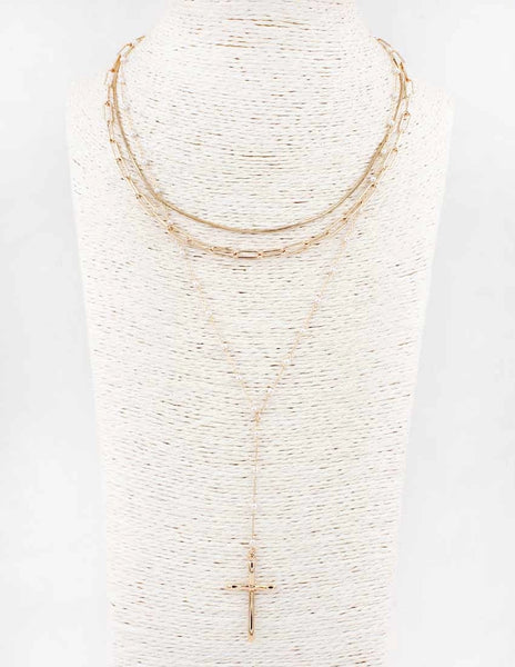 Gold Chain & Cream Crystal Layered Y Drop w/ Gold Cross 16"-18" Necklace