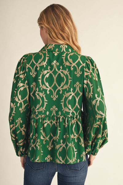 Puff Sleeve Leaf Foil Print Blouse