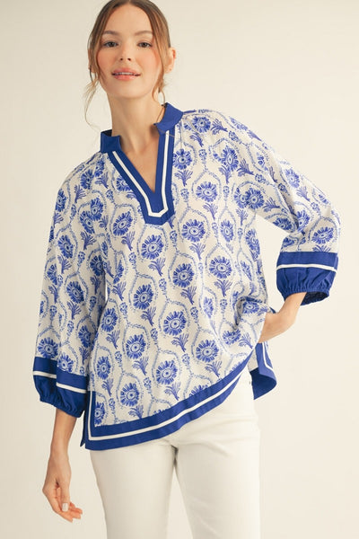 Solid Contrast Detail Boho Print Top