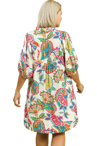 Abstract Print Puff Sleeve Babydoll Dress