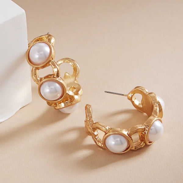 Gold Hammered 1.5" Hoop Earrings with Pearl Accents
