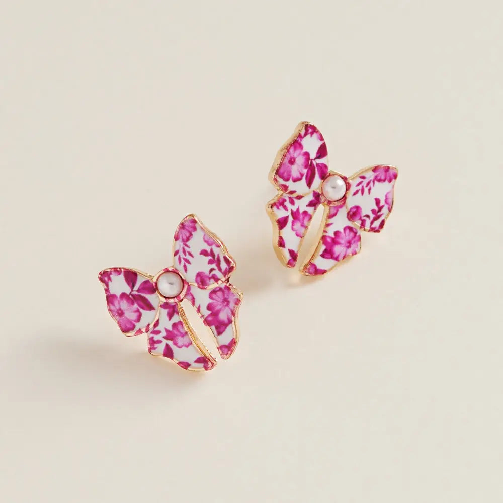 Ceramic Bow Enamel Casting Flower Pattern Earrings
