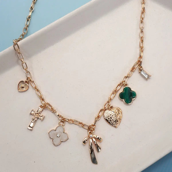 Charm Necklace-Green Clover Bow Cross Heart