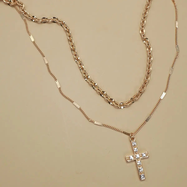 Double Layer Rhinestone Cross Necklace