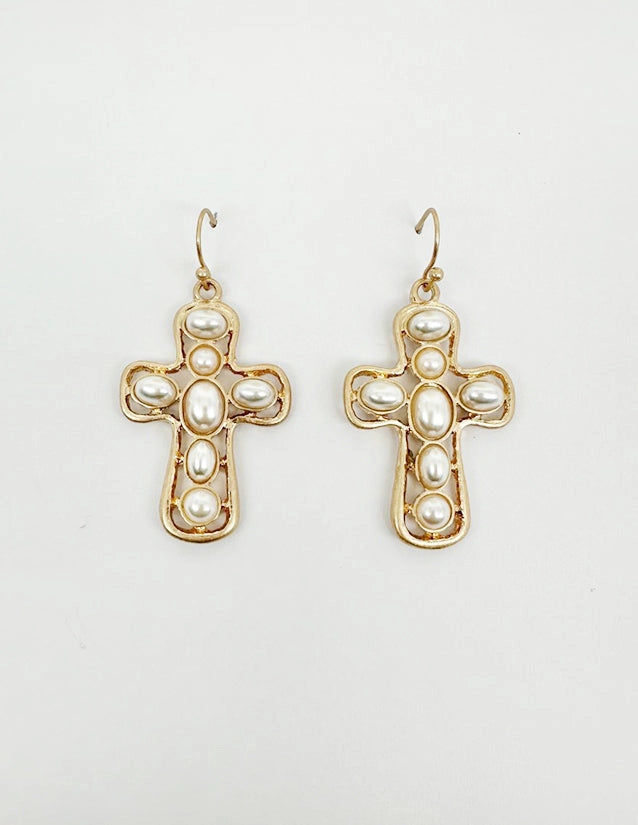 Gold Cross Earring with Pearl Studded 1.5" Earring