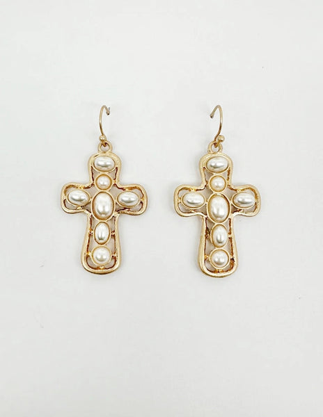 Gold Cross Earring with Pearl Studded 1.5" Earring