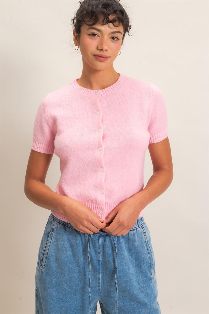 Crew Neck Short Sleeve Cardigan
