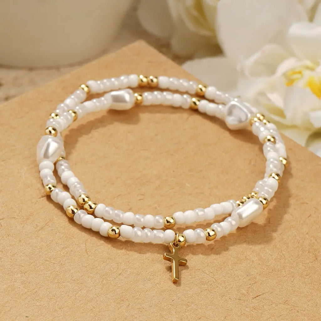 Imitation Pearl Cross Rice Bead Bracelet