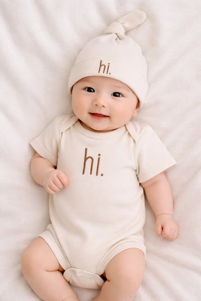 Hi. Embroidered Pecan Knit Onesie