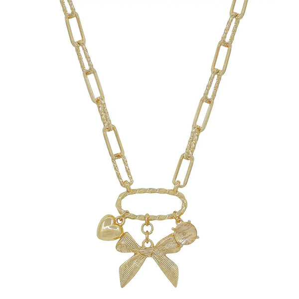 Gold Chain Necklace with Bow, Pearl, and Coin Charms