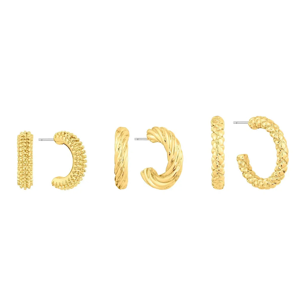 Set of 3 Gold Textured .75" Hoop Earrings